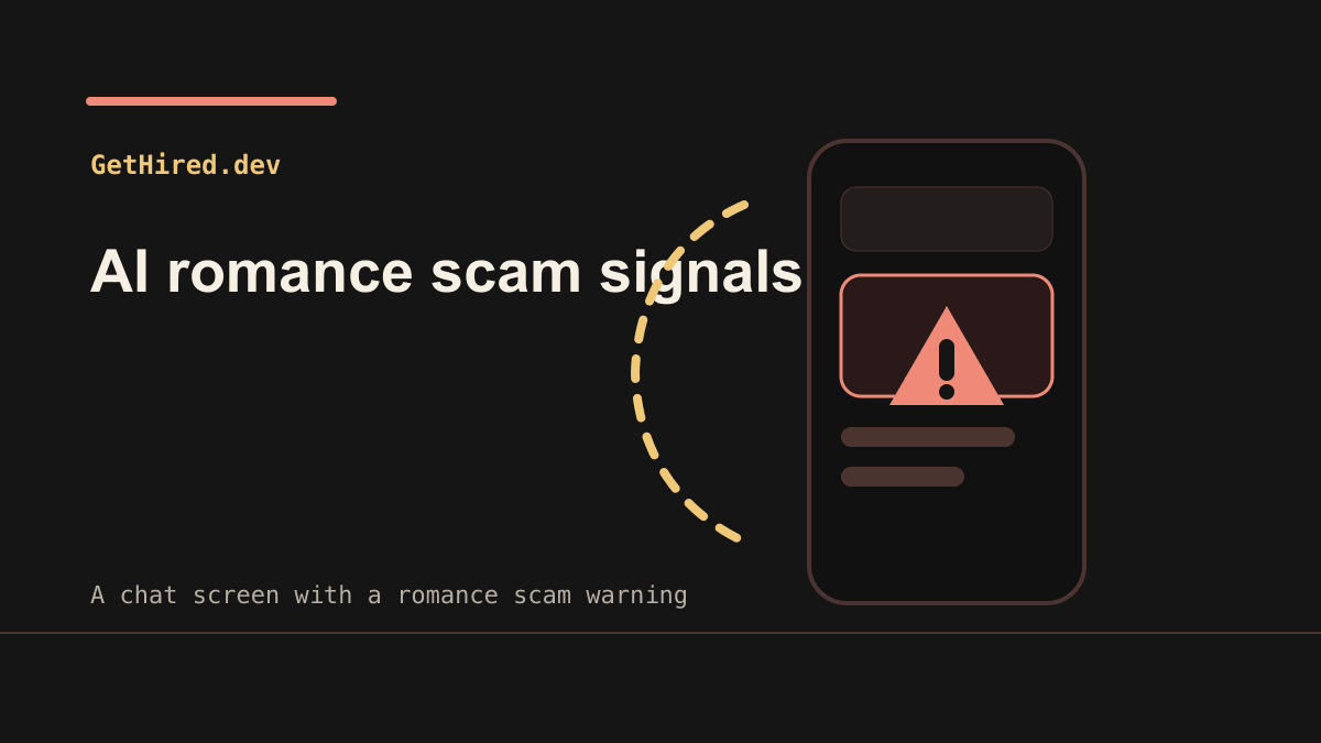 A chat screen with a romance scam warning