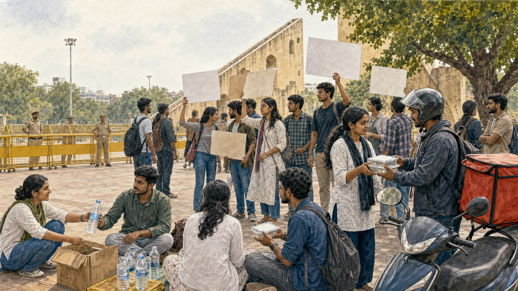 Peaceful student demonstrators near police barricades at Jantar Mantar